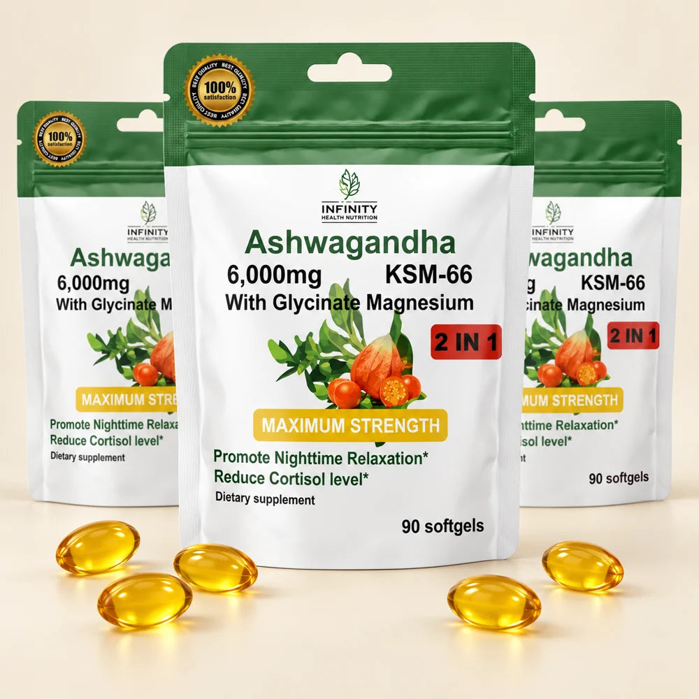 Tres bolsas Infinity Ashwagandha con softgels amarillos